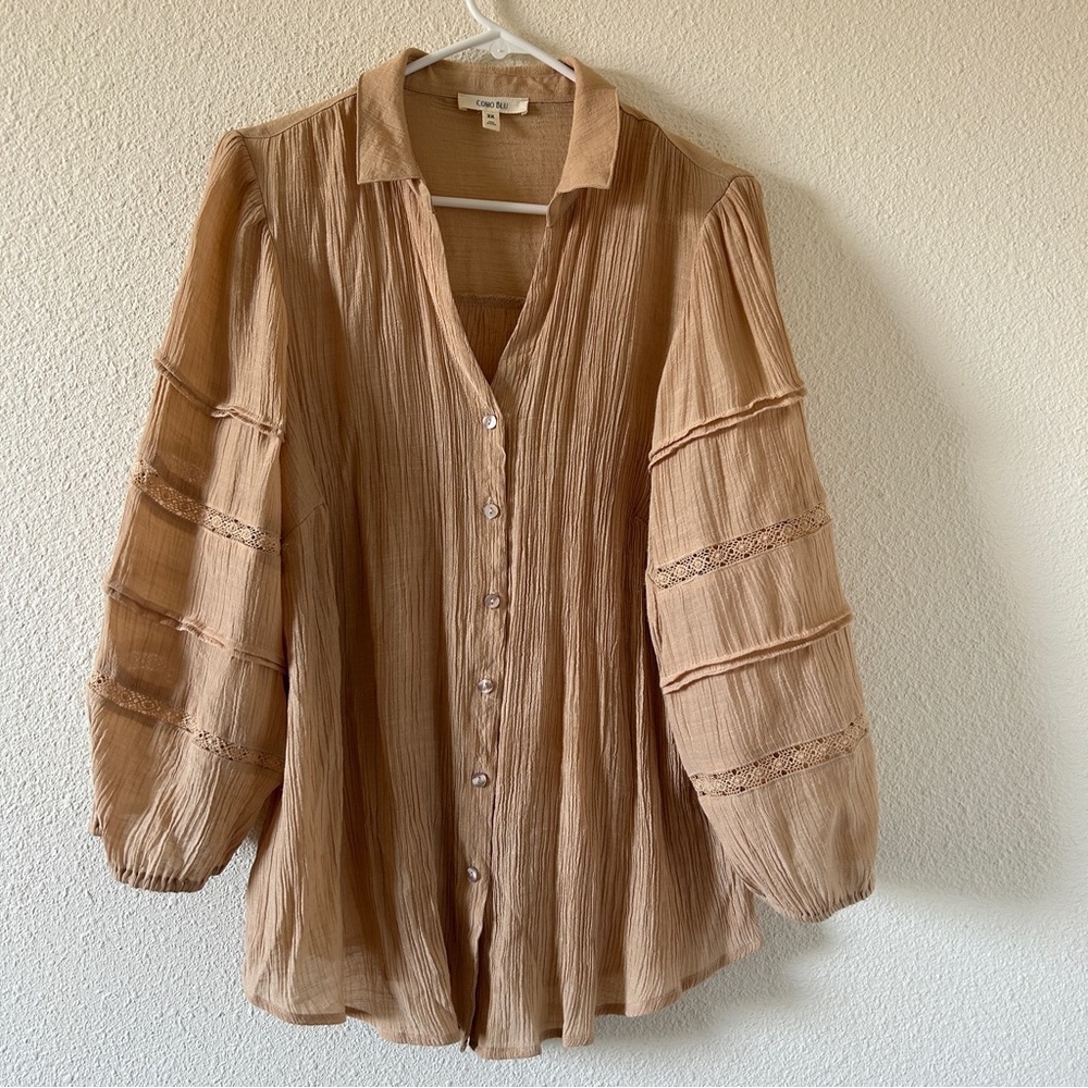 COMO BLU Women’s Button Up 2X Beige Puff Sleeves Western Boho Coquette Western